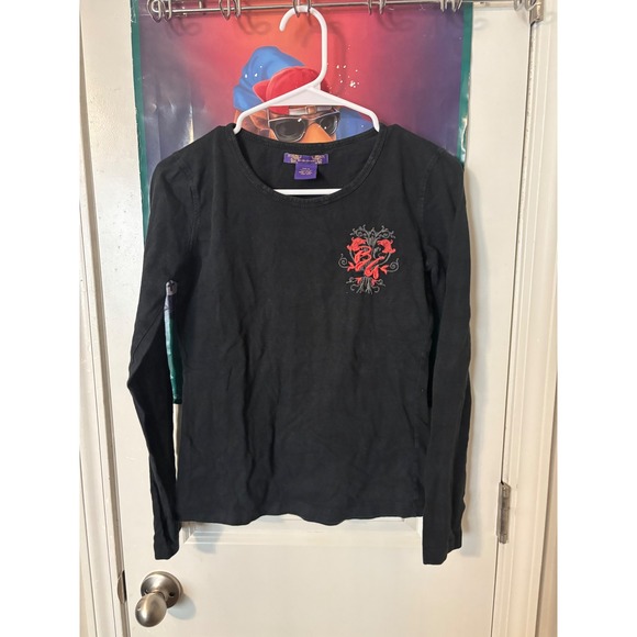 Brooklyn Girl Black Long Sleeve Top with Red Floral Embroidery y2k 2000s - Picture 1 of 7